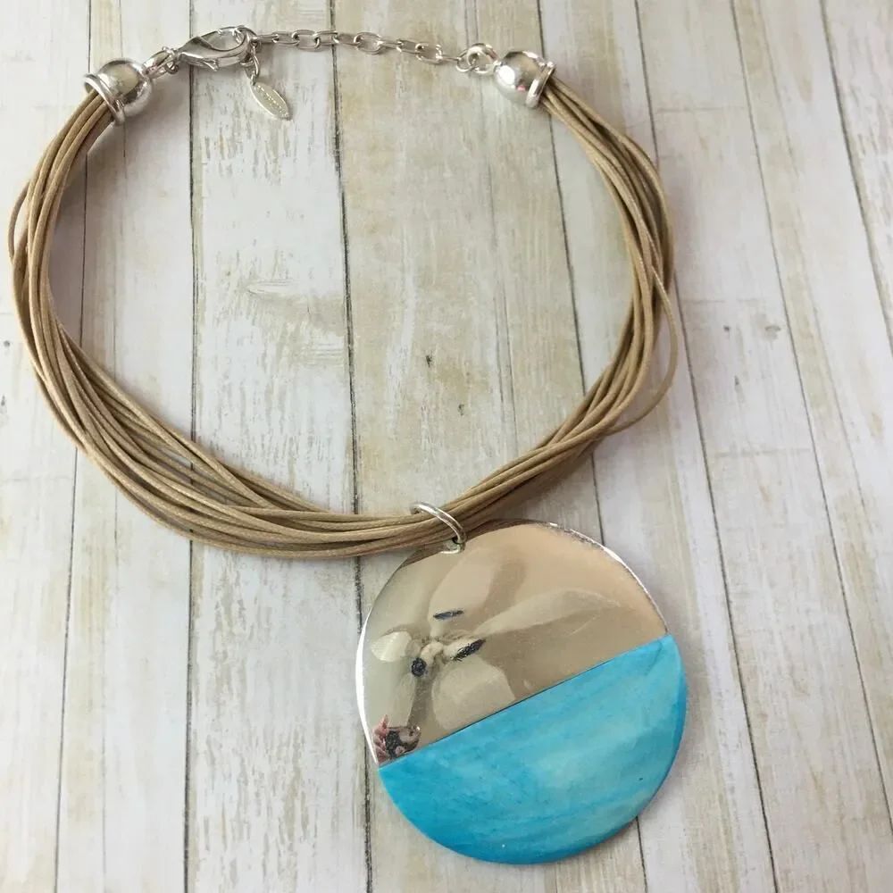Vintage St. Thomas Blue Shell Disc Cord Statement Necklace
